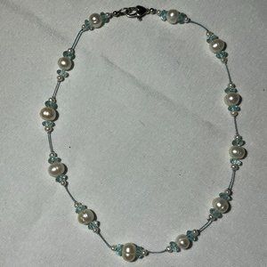 NECKLACE FAUX PEARLS AND LIGHT BLUE BEADS